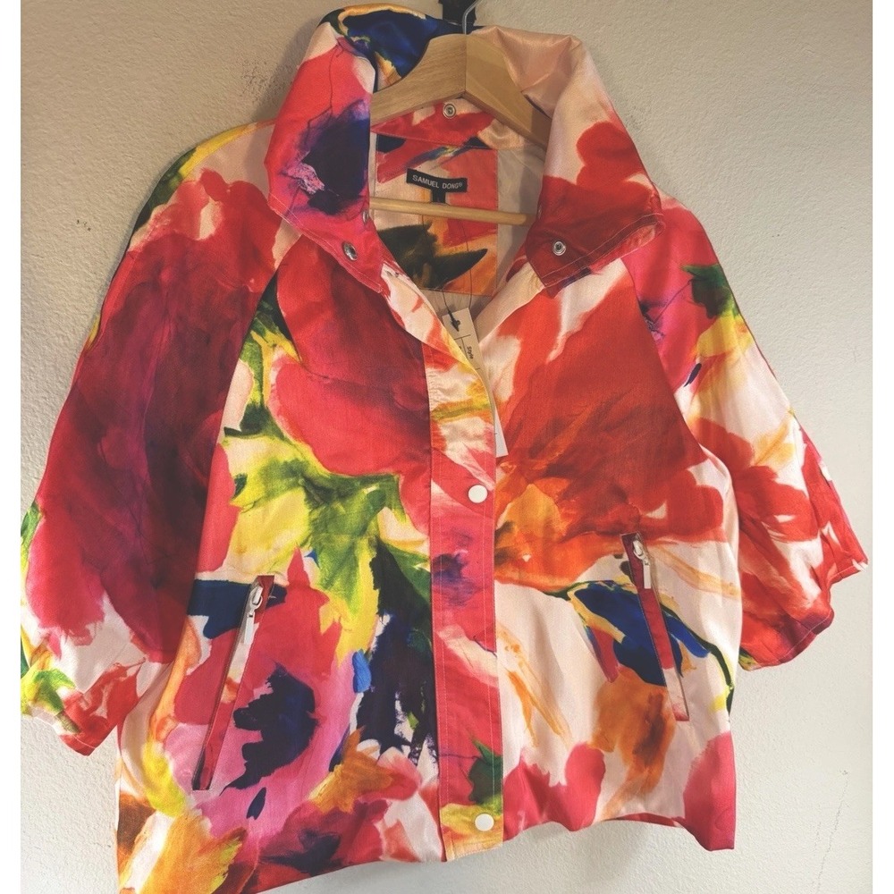 NWT Samuel Dong Watercolor Floral Jacket Snap Front Satin Crop Coat Artsy Large